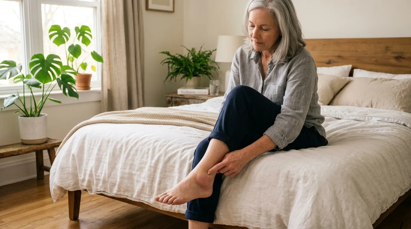 Woman sitting on a bed gently pressing her finger against her ankle to check for pitting edema.