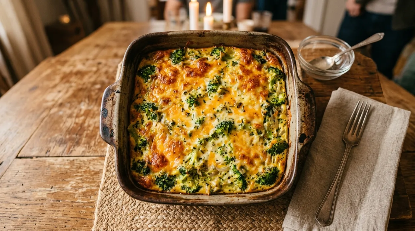 Golden baked broccoli and egg casserole with melted cheese