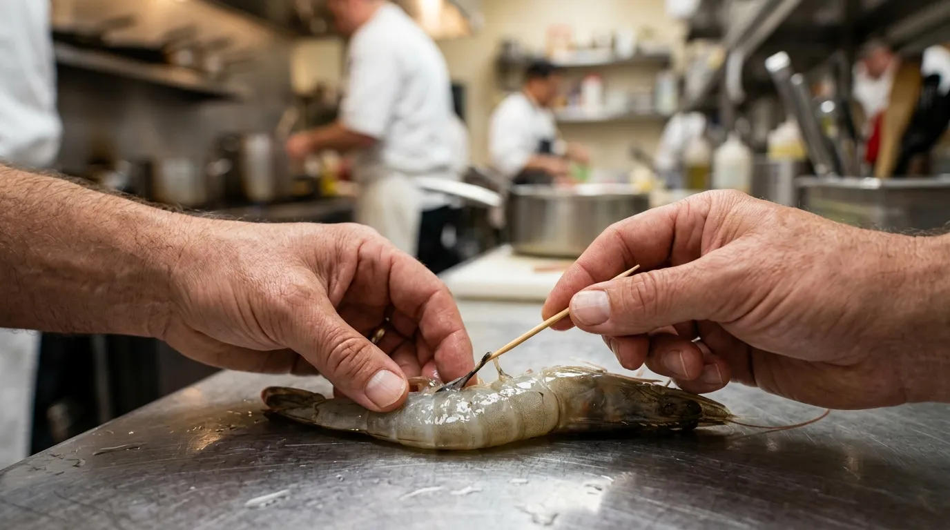 Chef using a toothpick to carefully devein a raw shrimp