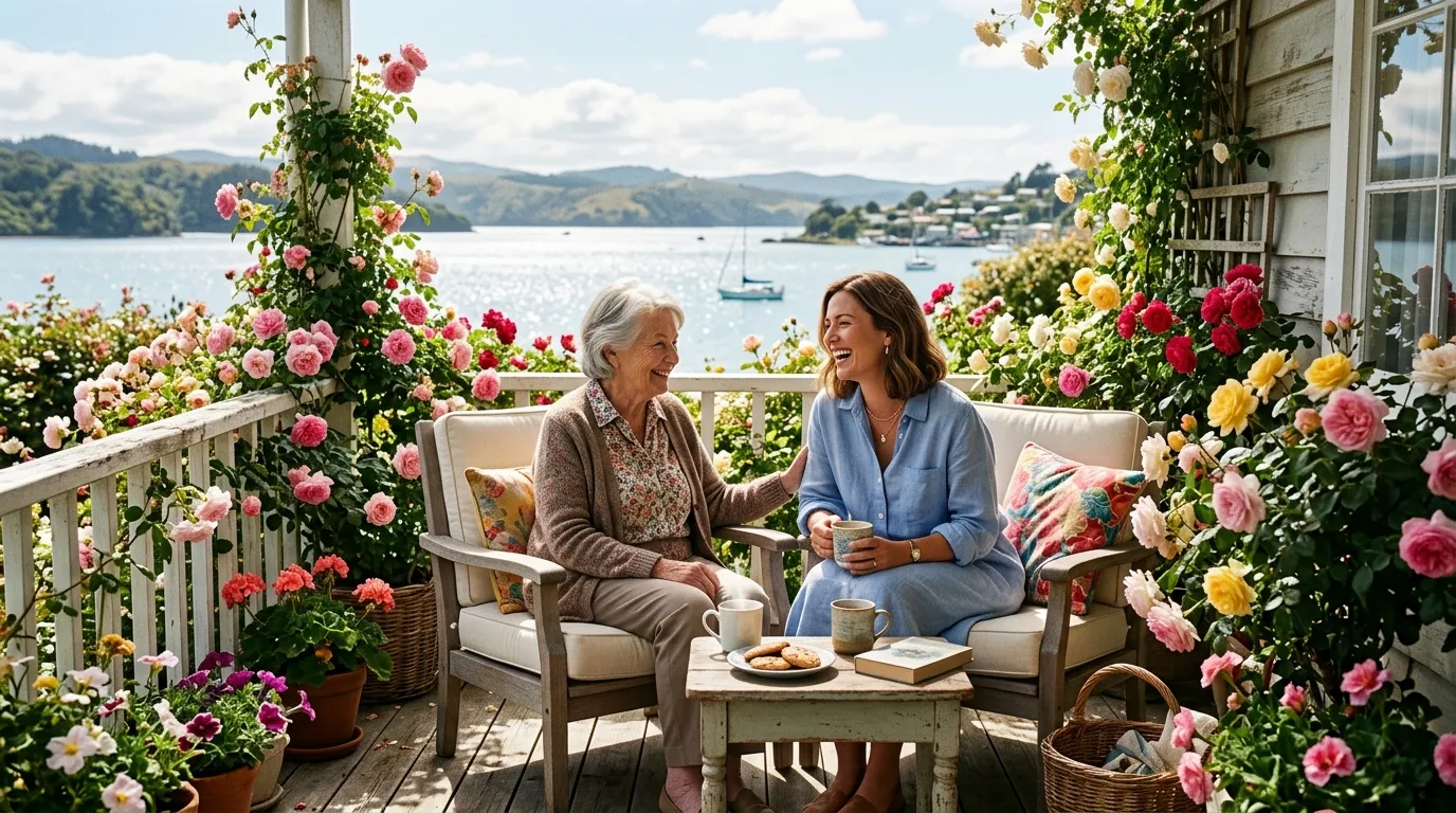 An elderly woman and a younger woman sitting on a sunny back porch overlooking a bay.