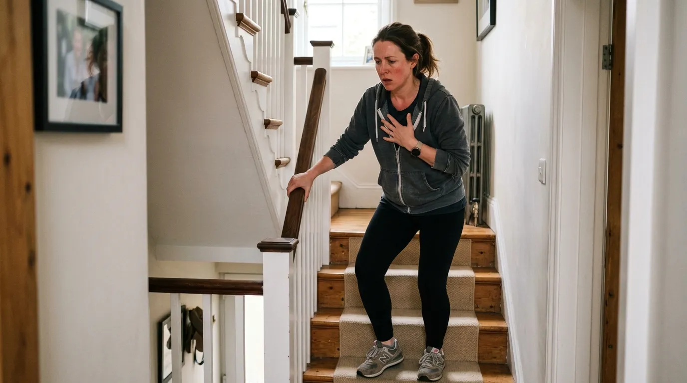 Person pausing on stairs feeling slightly out of breath and holding their chest