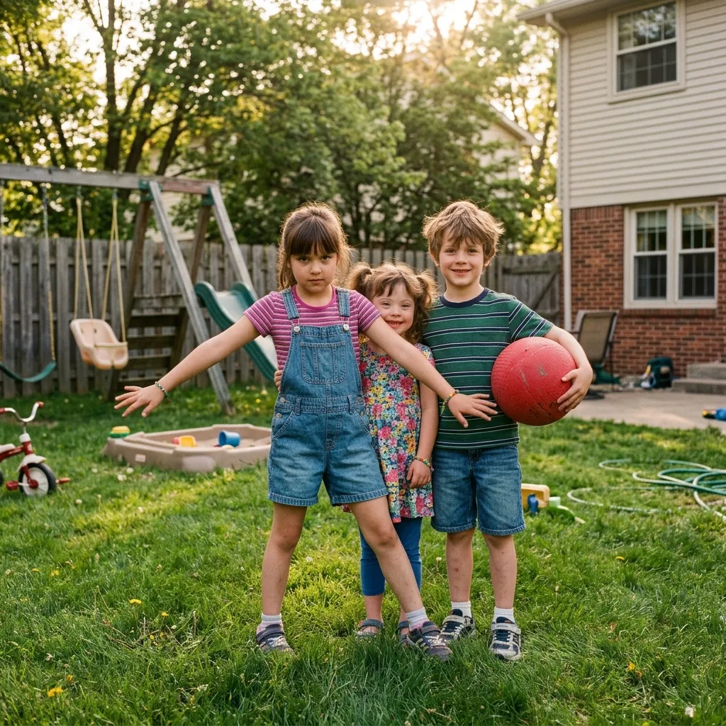 Three young children in a backyard, a young girl protecting her sister with Down syndrome while a boy holds a kickball.