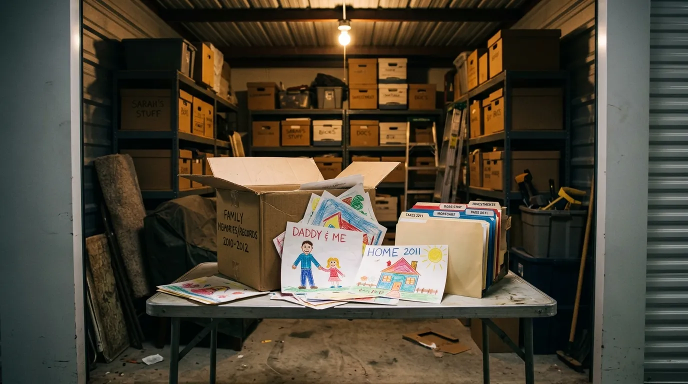 Crayon drawings of a father and daughter inside an open storage box