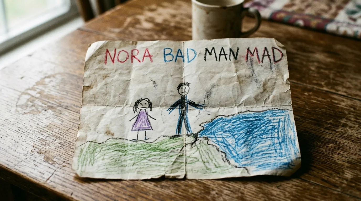 A child's crayon drawing showing stick figures by water with the words NORA BAD MAN MAD