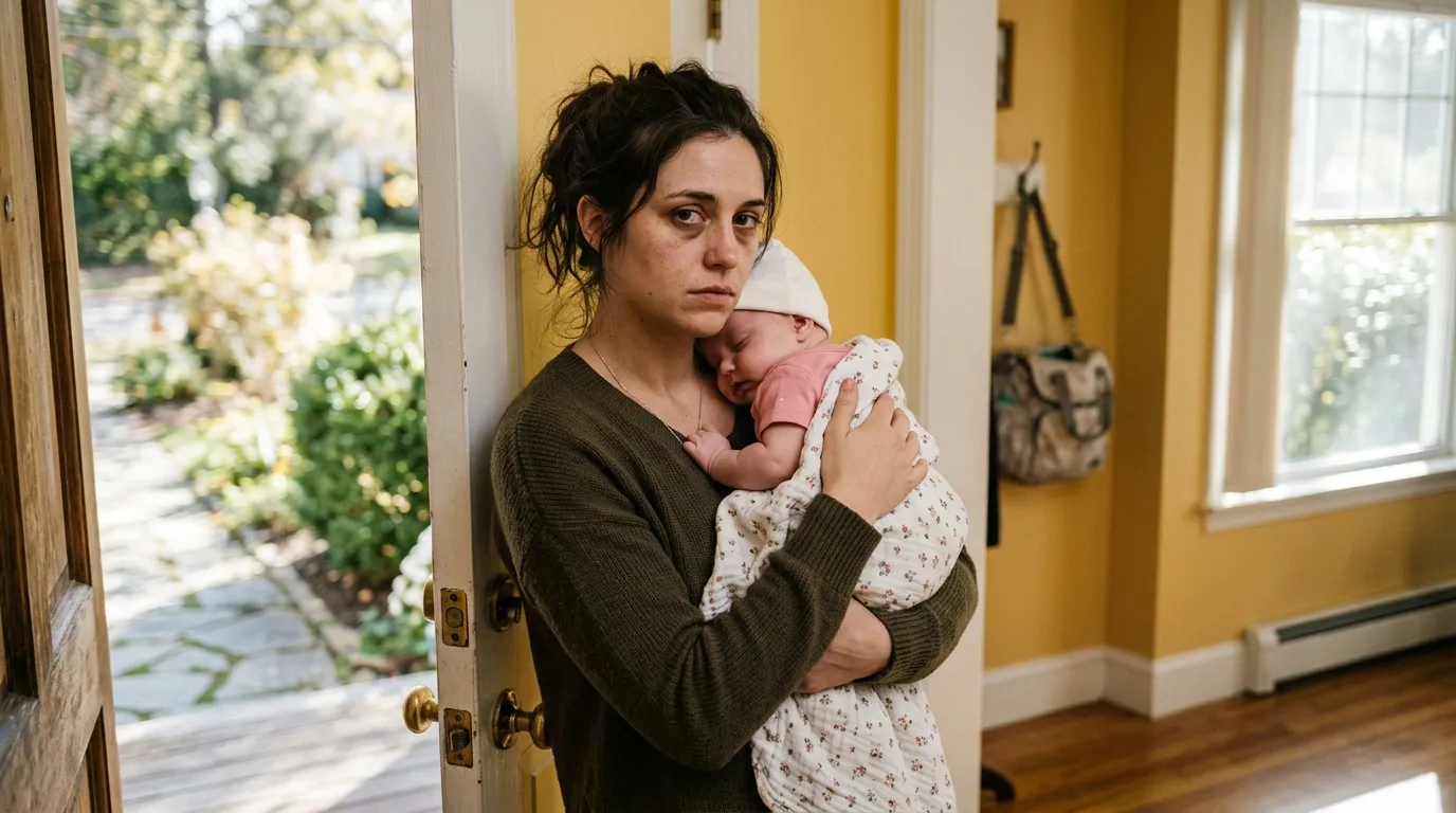 Young mother holding her sleeping baby by the front door