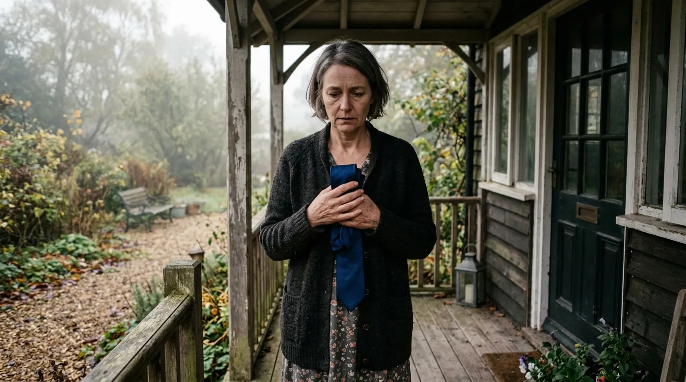 Claire holding Robert's blue tie on Greta's porch