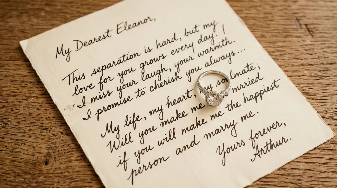 Close up of a handwritten letter on cream paper with a diamond wedding ring resting on top.
