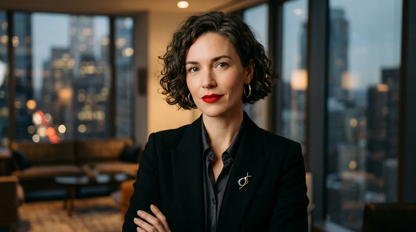 Confident woman in a sharp blazer wearing bold red lipstick