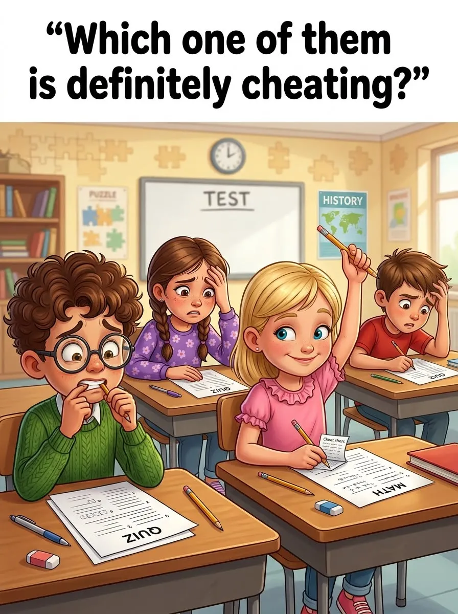Cartoon illustration of four students taking a test in a classroom, each showing different suspicious behaviors.