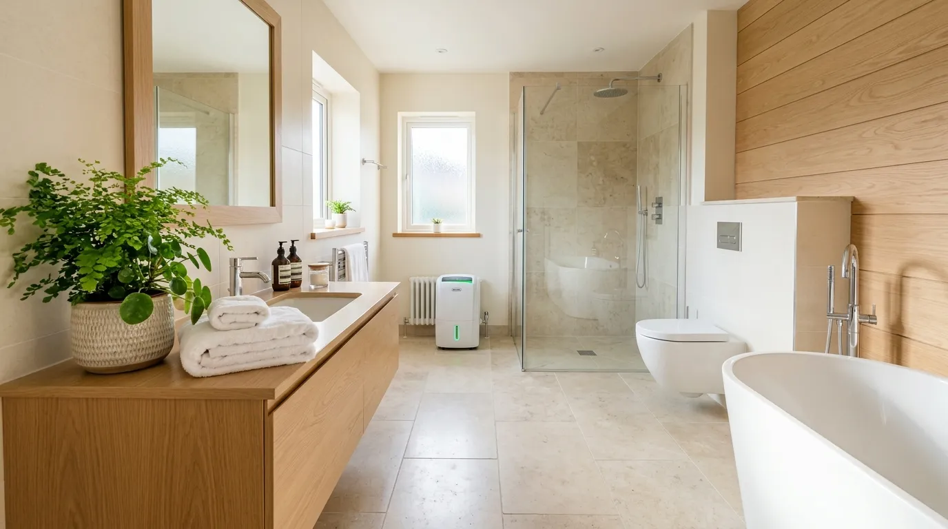 A sparkling clean, modern bathroom with a sleek white dehumidifier running in the corner.