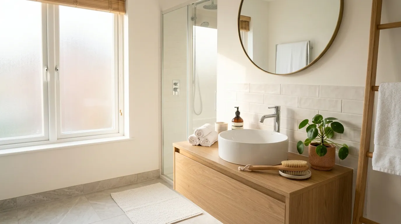 A clean, bright modern home bathroom bathed in warm morning sunlight