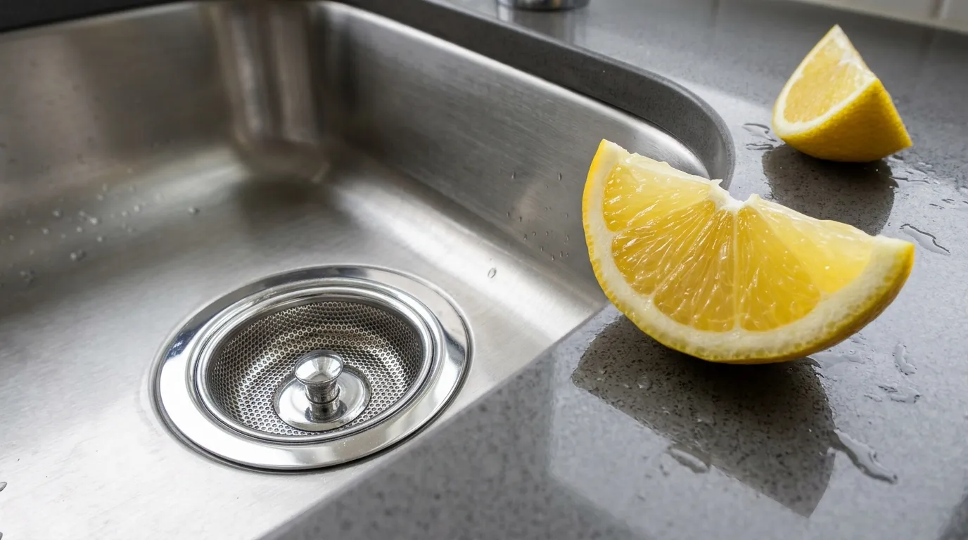 A sparkling clean stainless steel sink drain with a fresh lemon wedge nearby