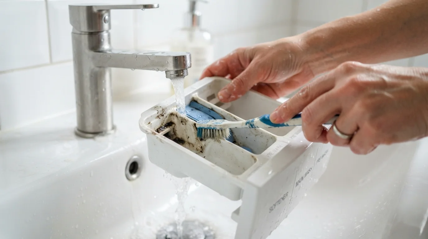 Person using a toothbrush to clean the inside of a washing machine detergent drawer under running water
