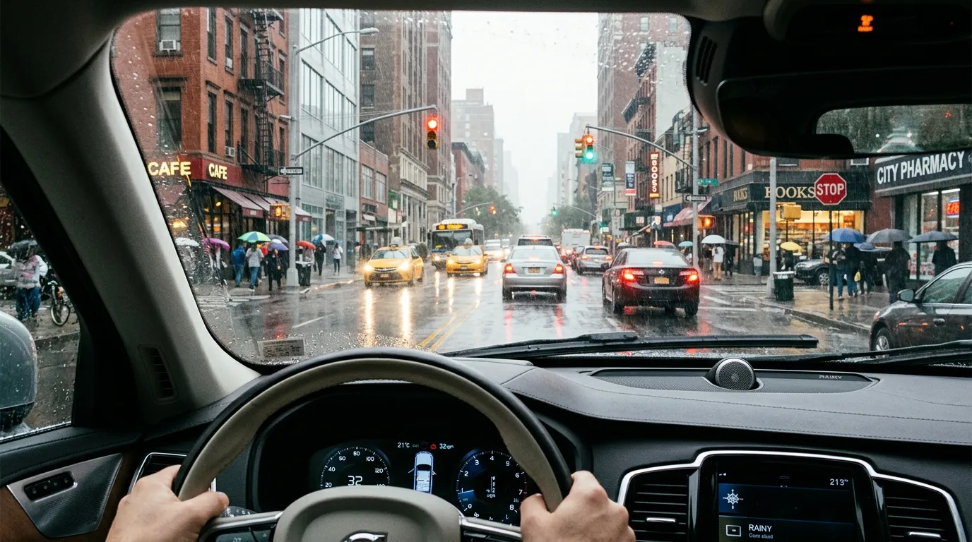 Looking out through a perfectly clear car windshield on a rainy day