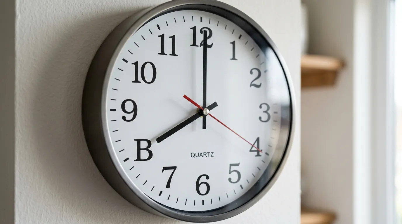 A close up of a wall clock showing the letter B instead of the number 8