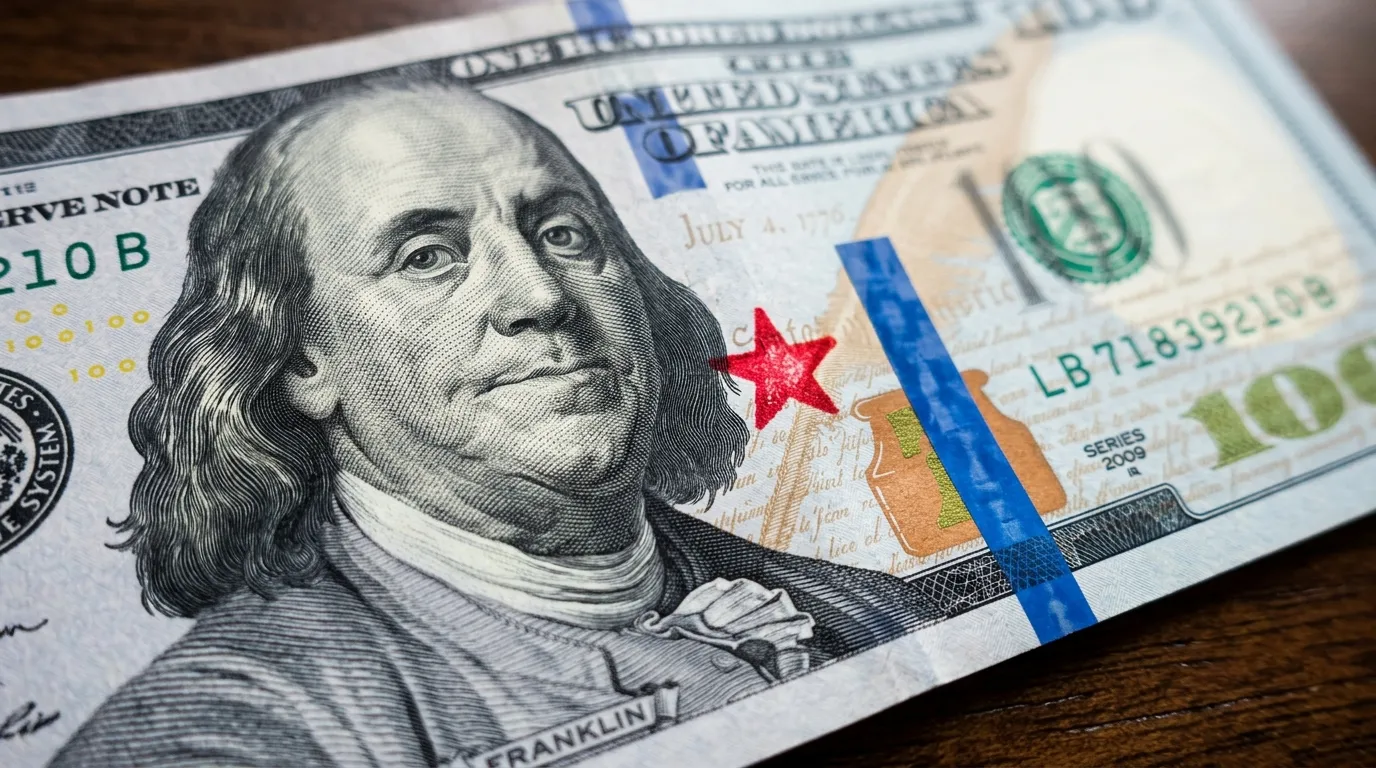 Close-up of a U.S. dollar bill featuring a small, mysterious pink stamp next to the portrait.