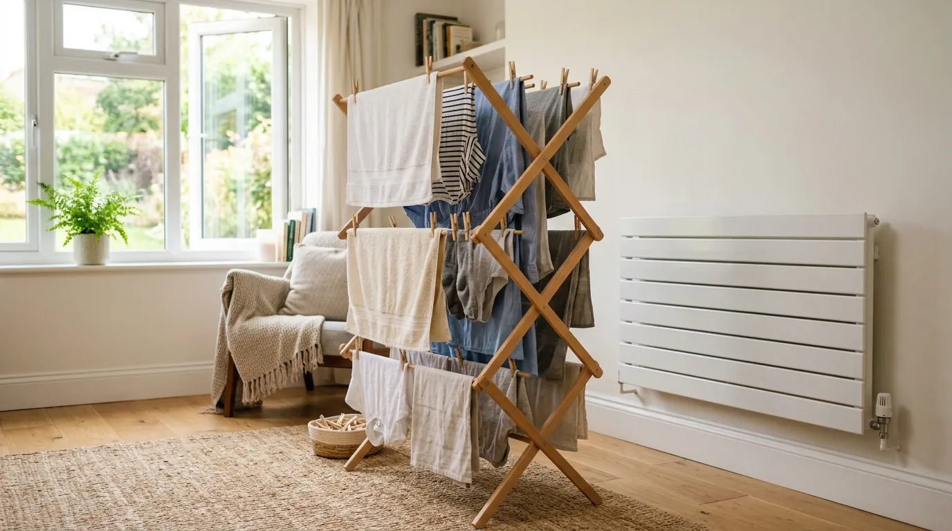 Clothes drying on a rack near a home radiator