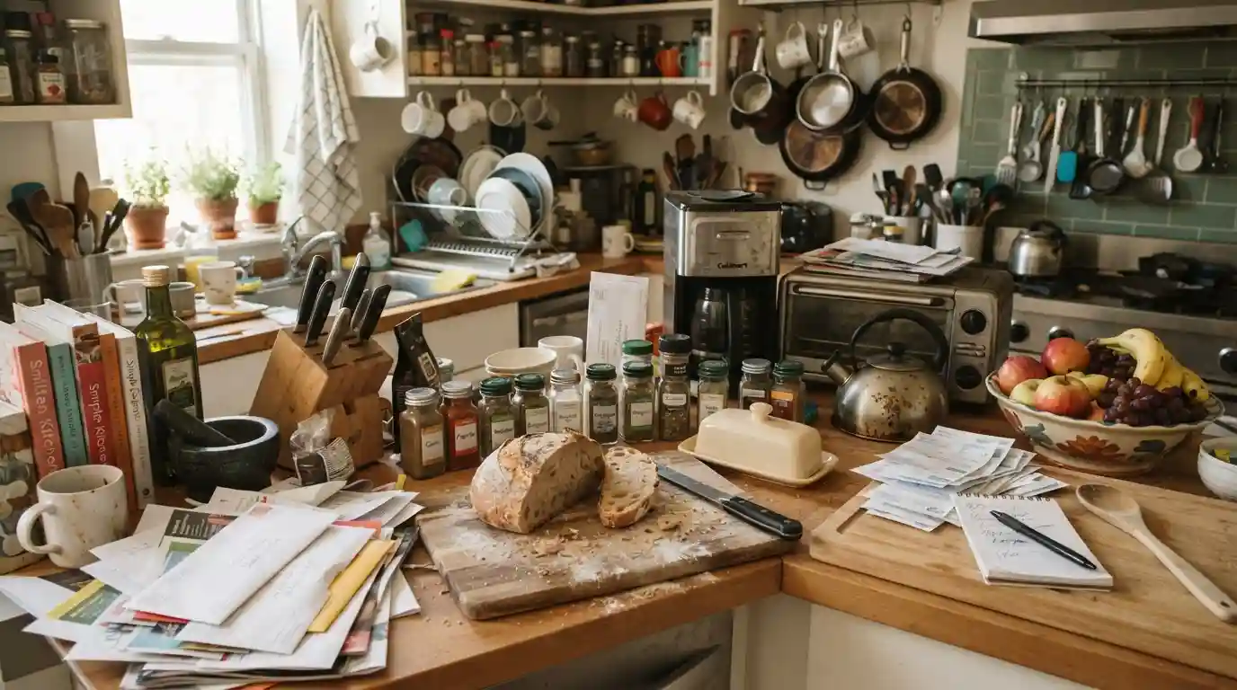 Cluttered kitchen countertop overflowing with bread, spices, mail, and appliances