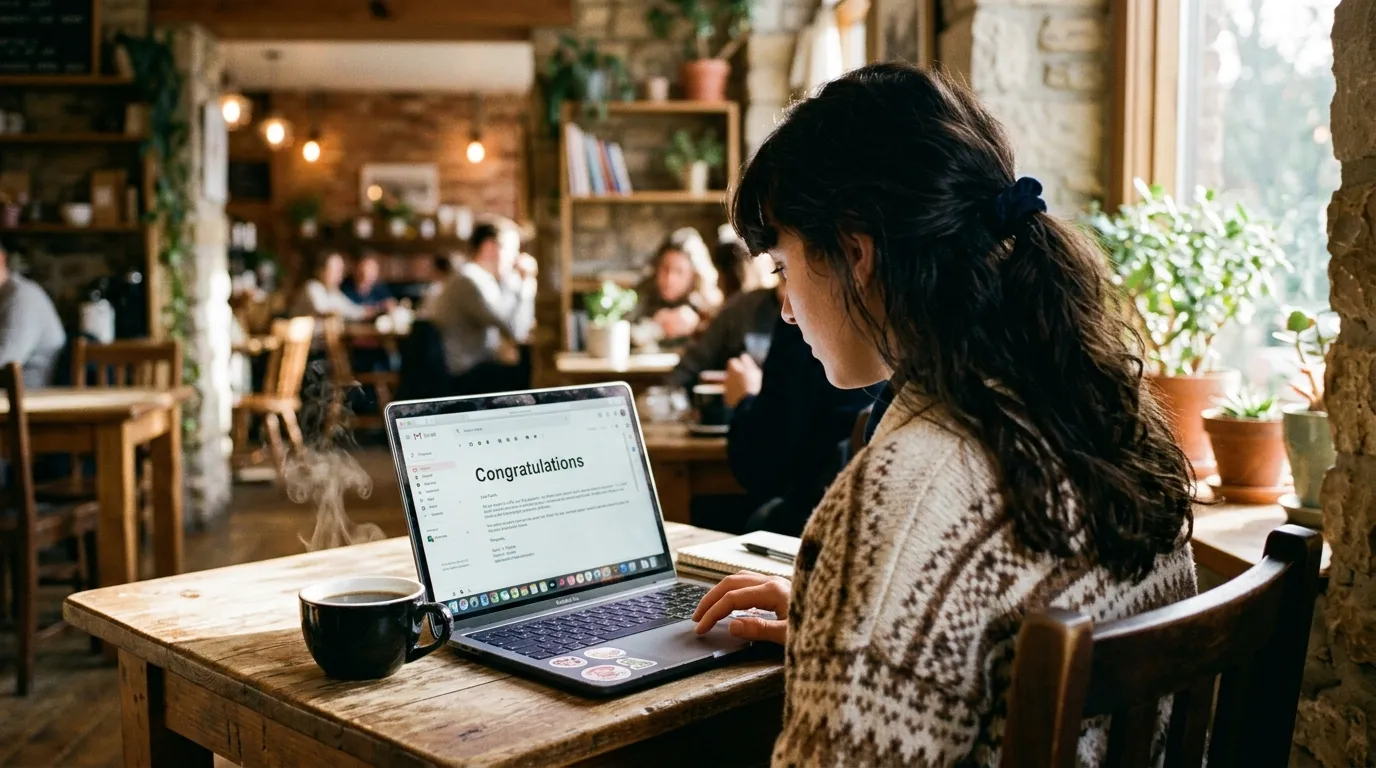 A laptop screen showing an email with the subject 'Congratulations' next to a cup of black coffee