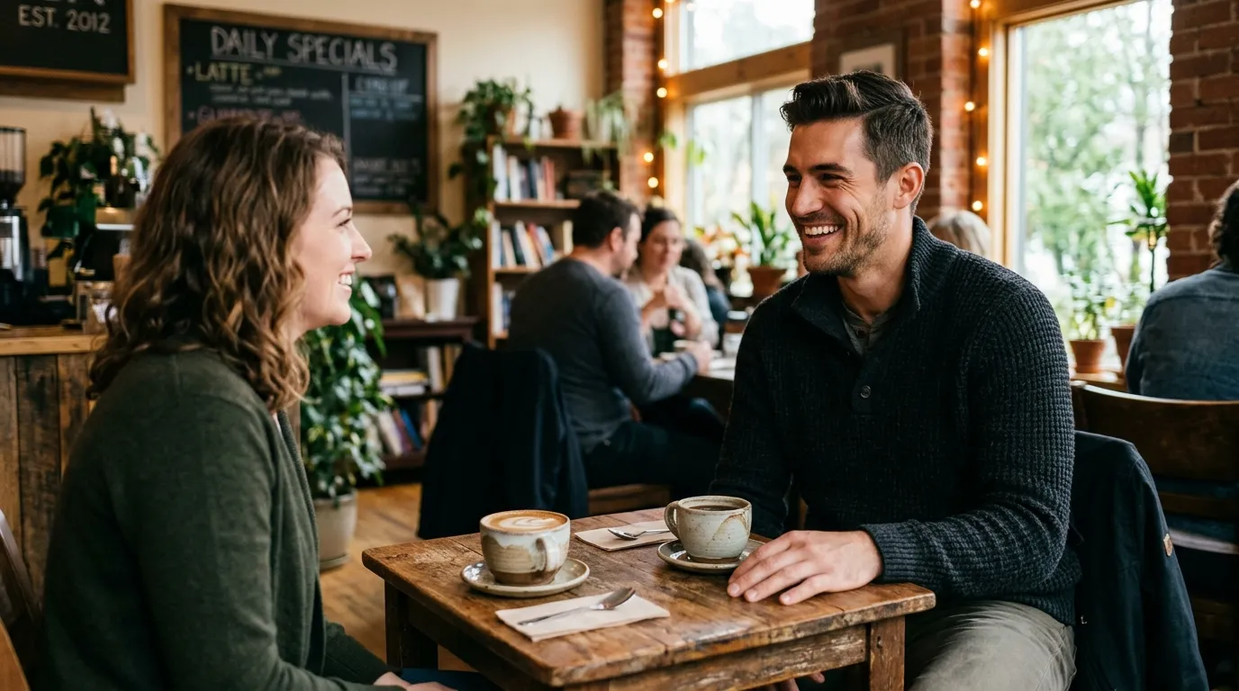 A handsome, dark-haired man smiling warmly while sitting across a coffee shop table.