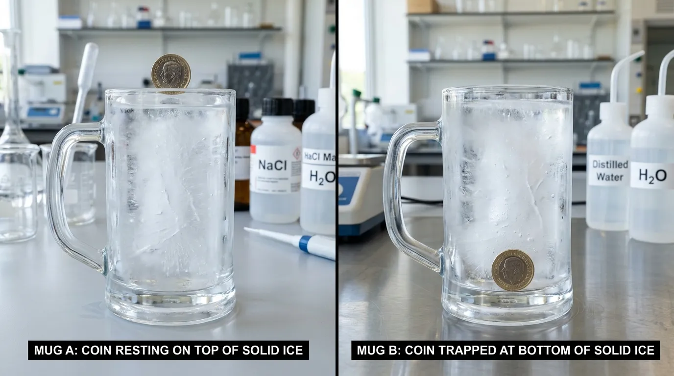 Split screen showing a coin safely at the top of an ice mug versus a coin sunk to the bottom