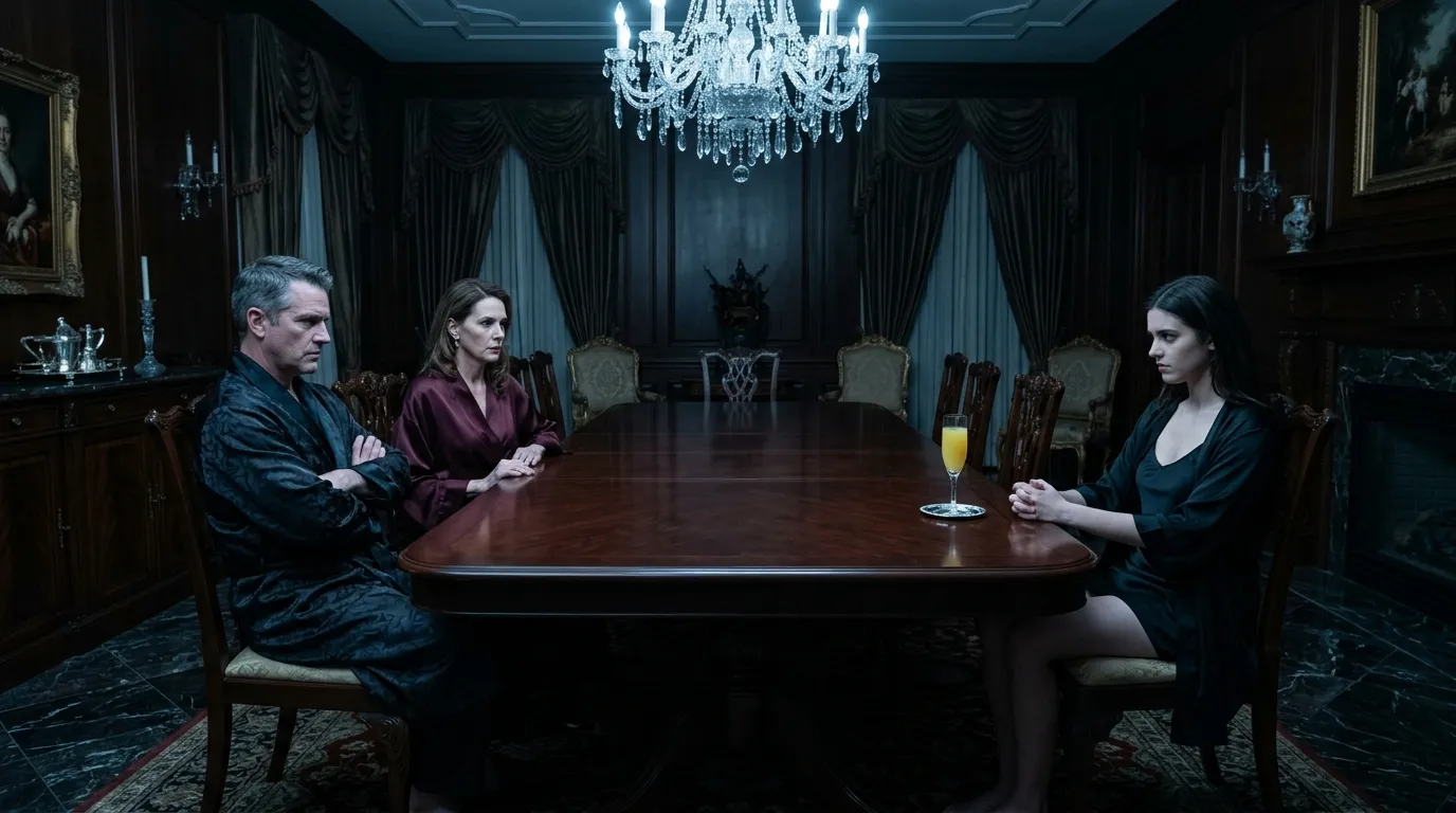 A tense, coldly lit luxurious dining room where two parents confront their daughter