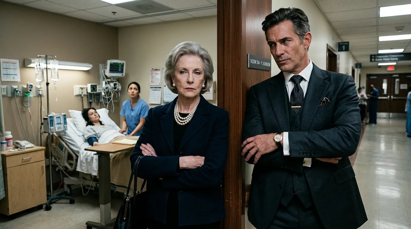 Wealthy ex-husband and mother-in-law standing arrogantly in a hospital doorway