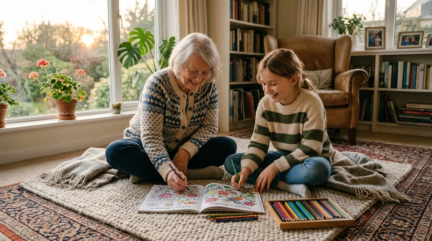 A young girl and her elderly grandmother happily coloring together in a sunlit room
