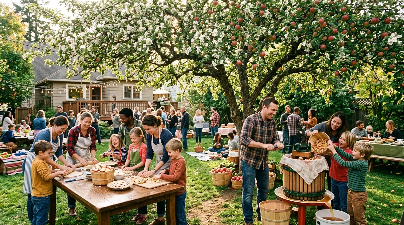 Neighbors gathered in a backyard making apple pie and cider under a large apple tree.