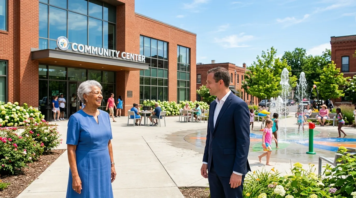 An older woman in a blue dress smiling at her son outside a modern community center with a splash garden.