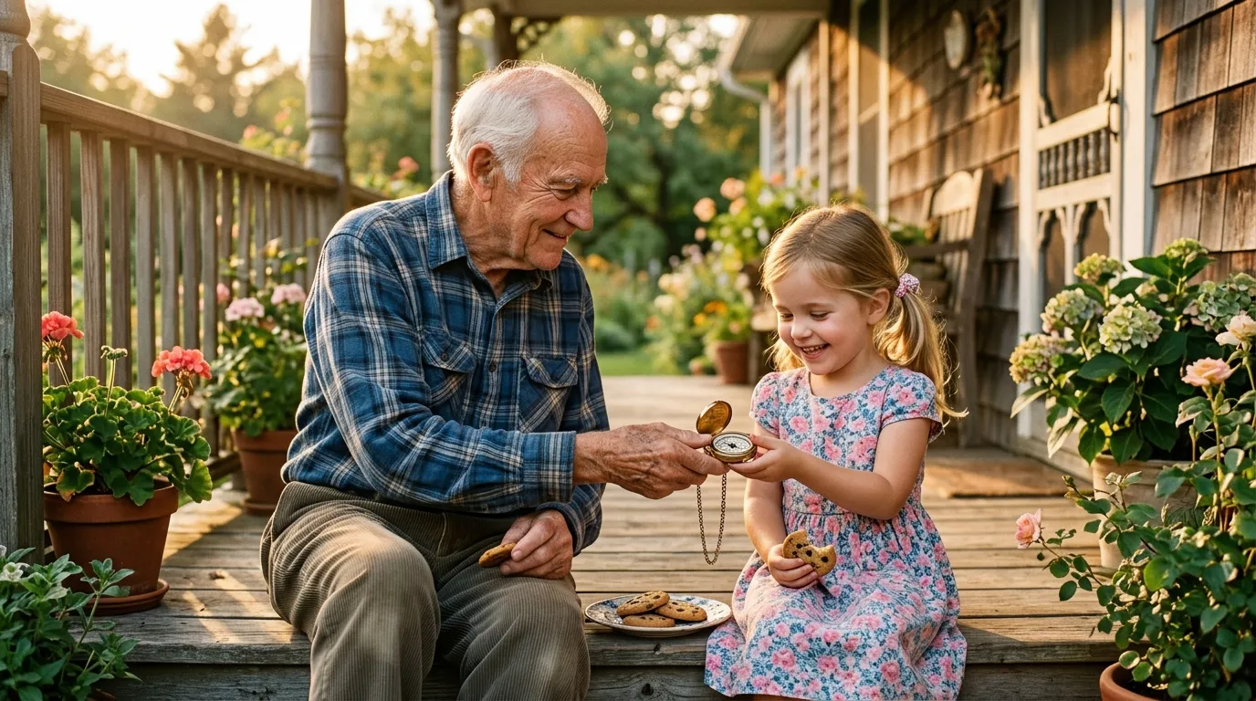 Old man and little girl eating cookies together on a porch