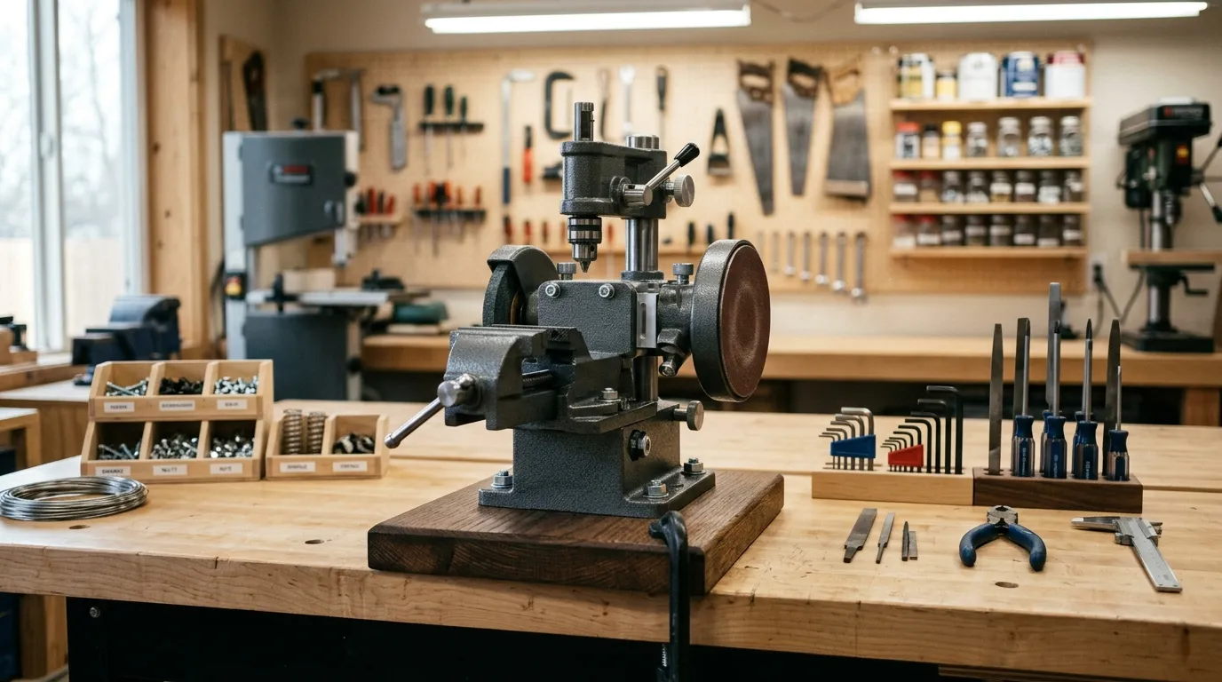 The finished custom DIY multi-tool painted and mounted on a clean workbench.