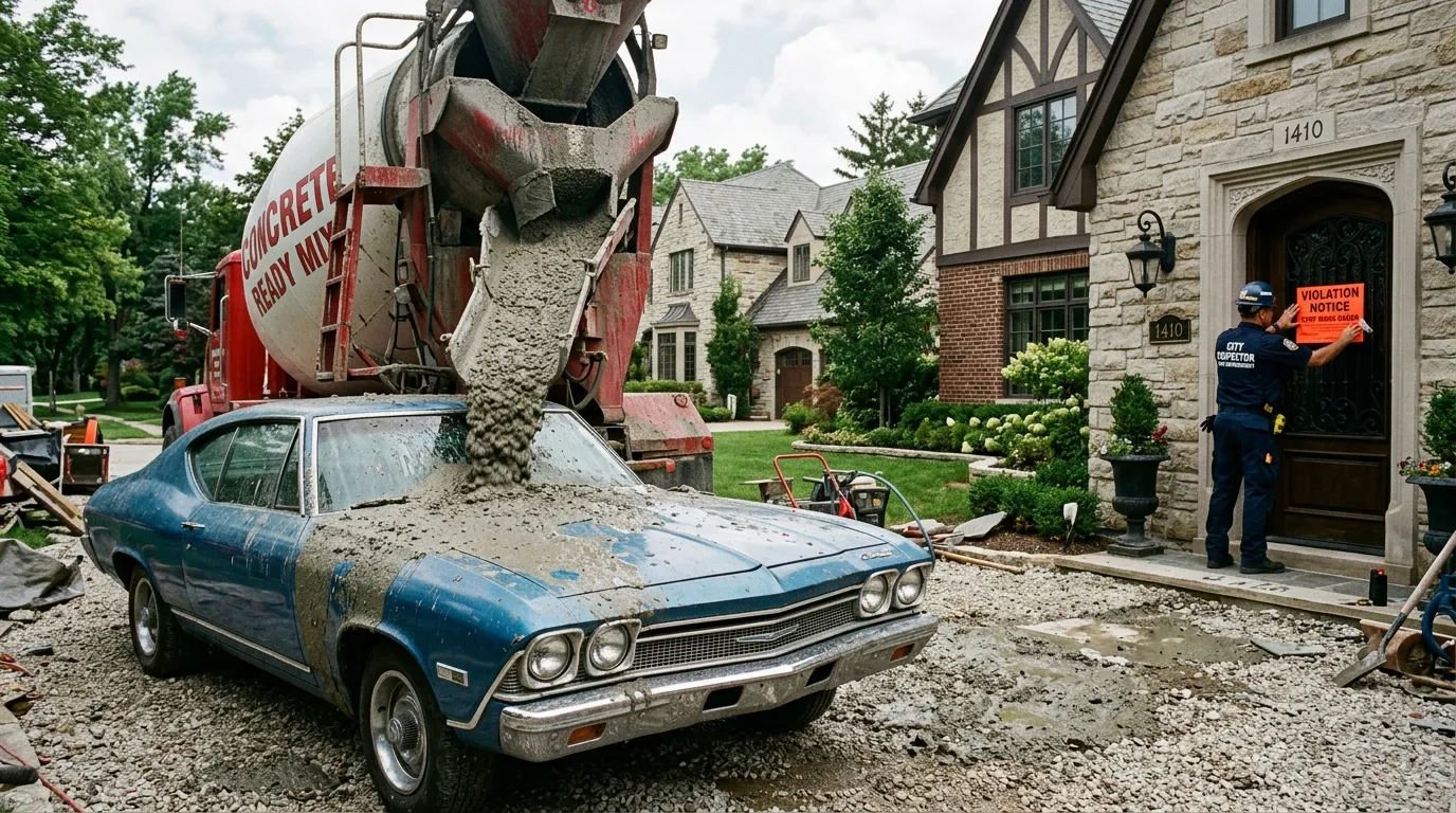 A concrete mixer dumping wet concrete onto a car while a city inspector posts a violation notice next door