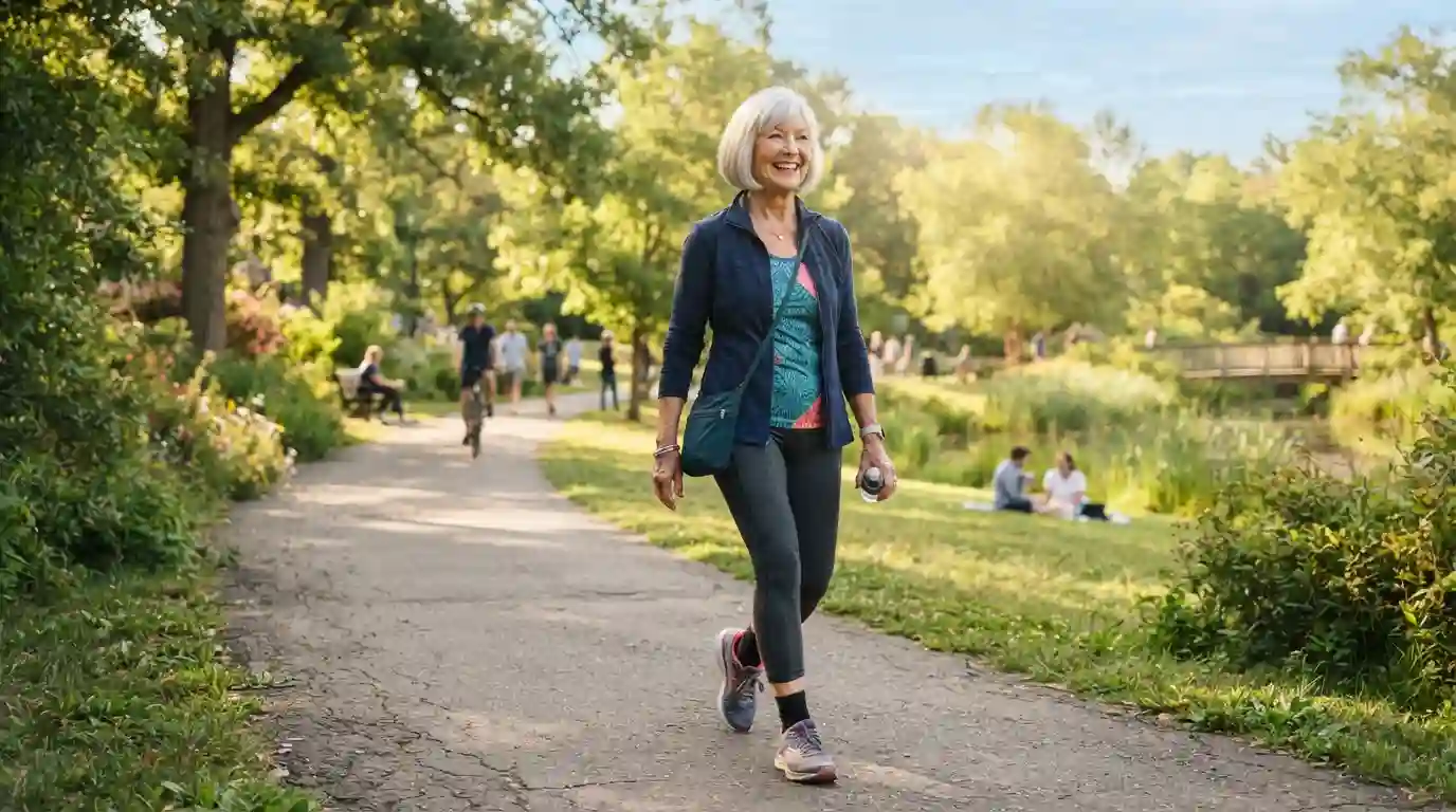 A vibrant, healthy senior woman walking confidently in a sunlit park