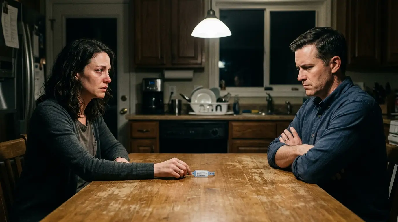 Wife confronting husband at the kitchen table with a baby hospital bracelet