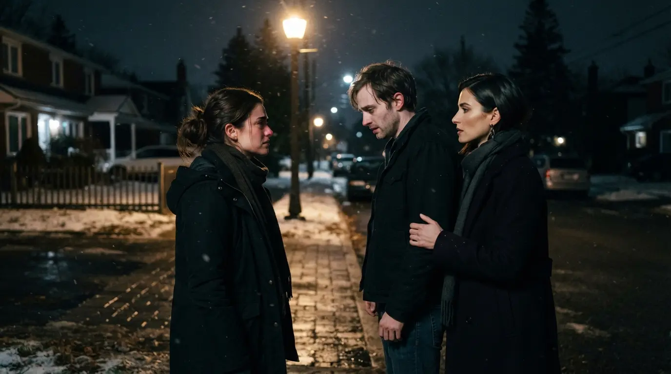 Emotional confrontation on a winter street between a wife, her guilty husband, and another woman