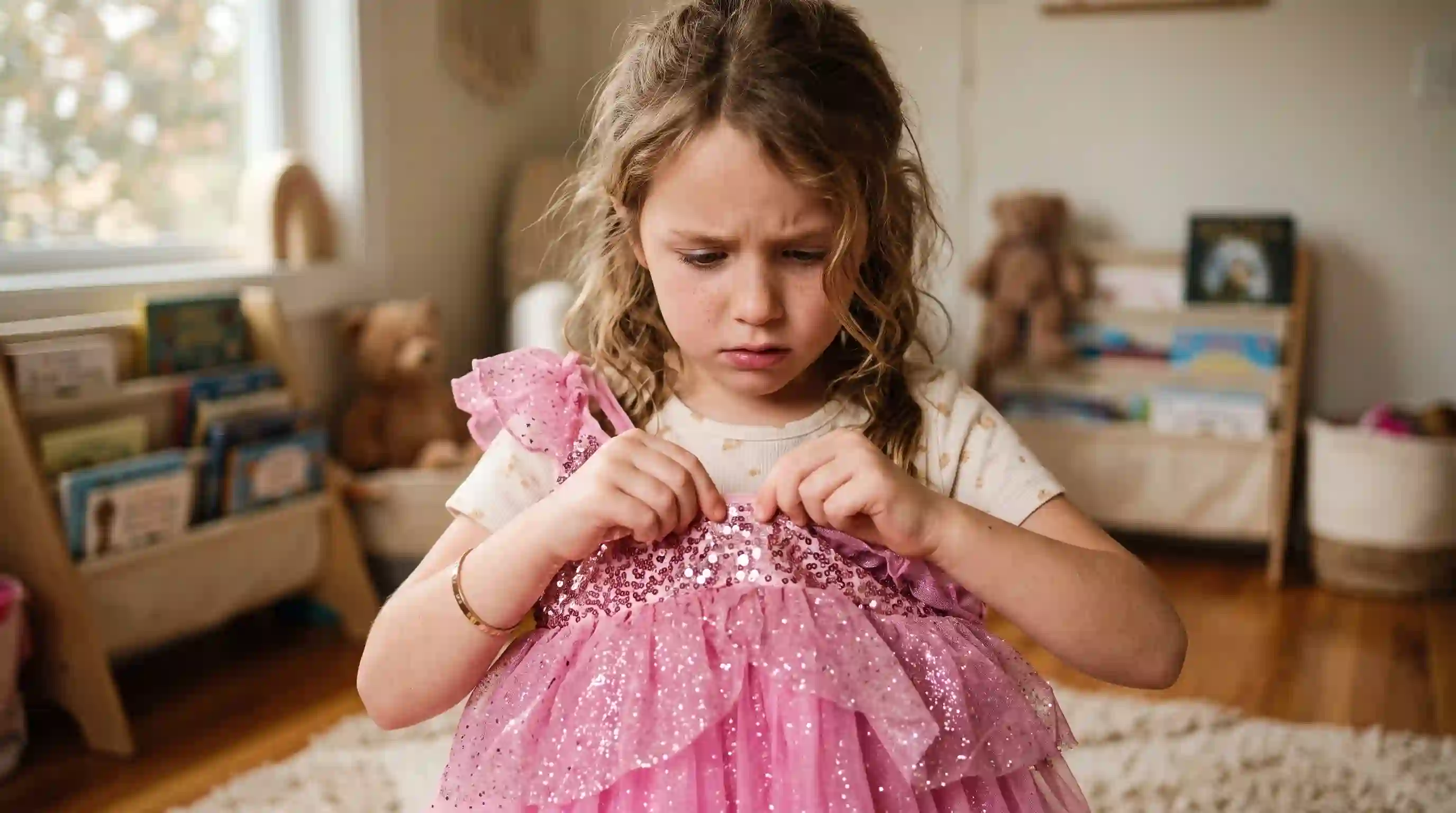 8-year-old girl looking confused while holding up a pink tulle birthday dress
