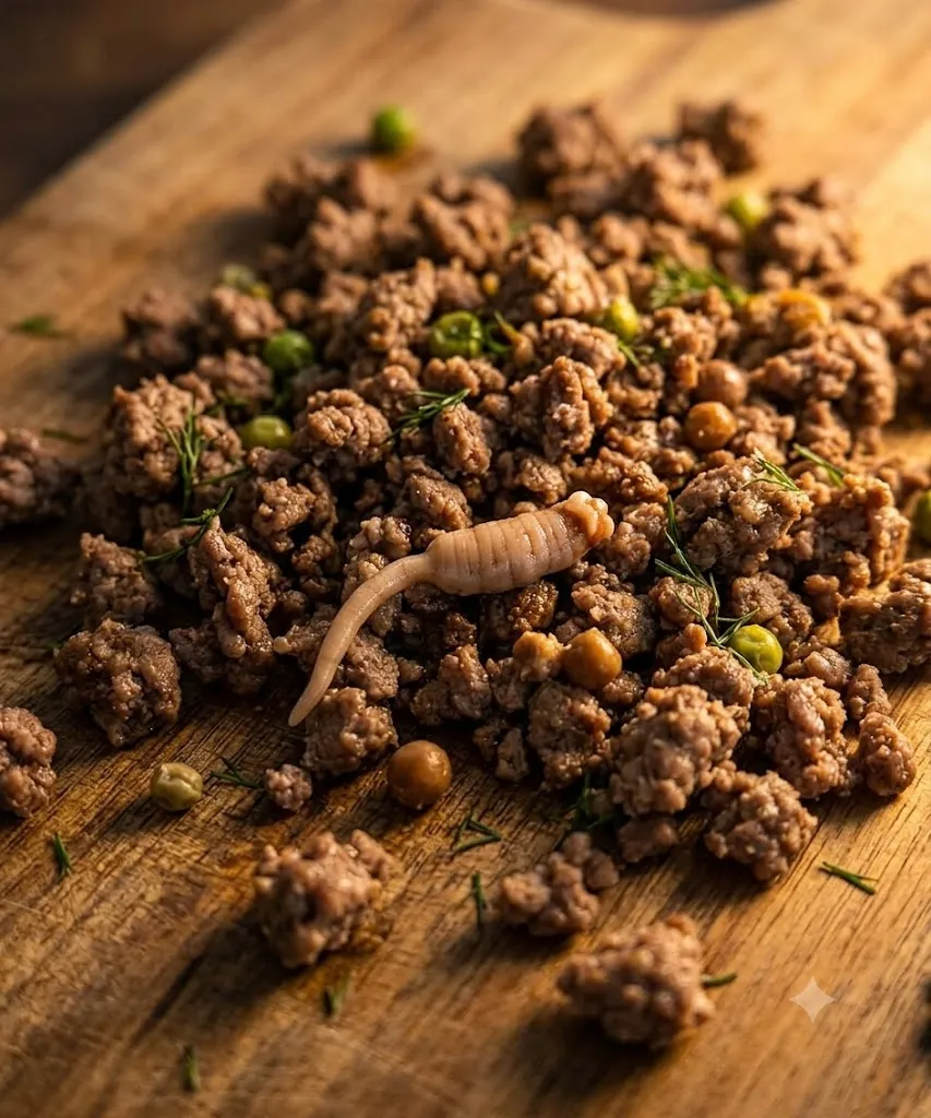 Close-up of cooked ground beef on a wooden surface showing a curled, pale piece of connective tissue.