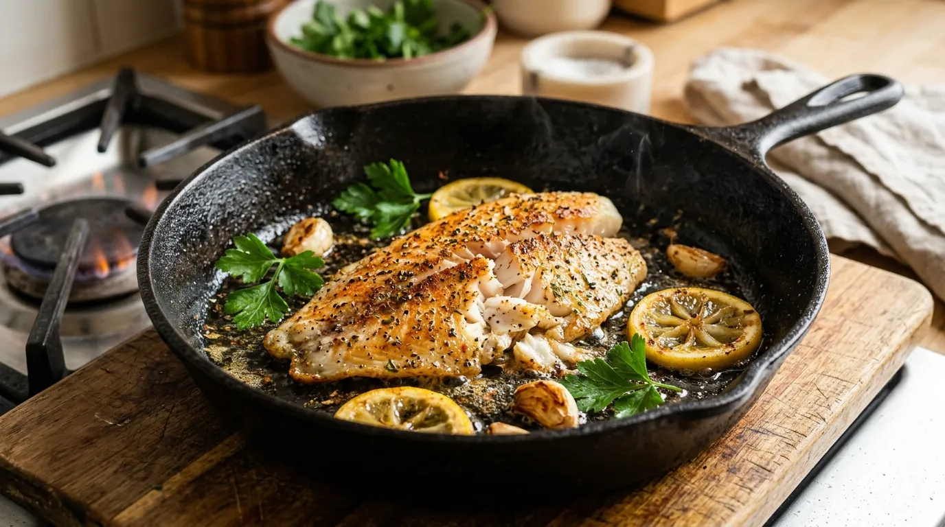 A beautifully seasoned tilapia fillet sizzling in a cast-iron skillet with fresh lemon and parsley.