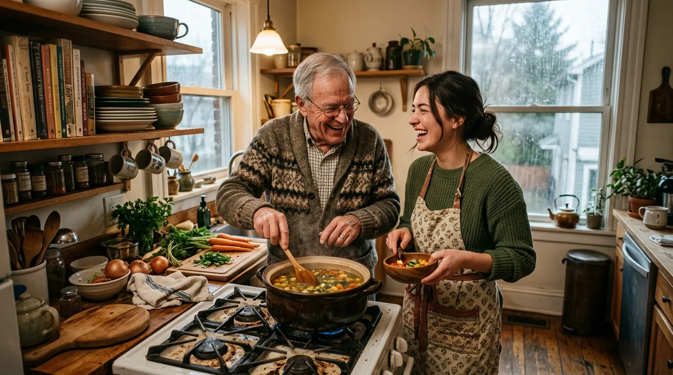 Walter and Sally laughing together while cooking soup in a small, modest kitchen.