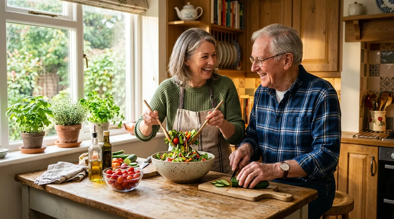 A middle-aged woman and an elderly man preparing a meal together in a bright kitchen