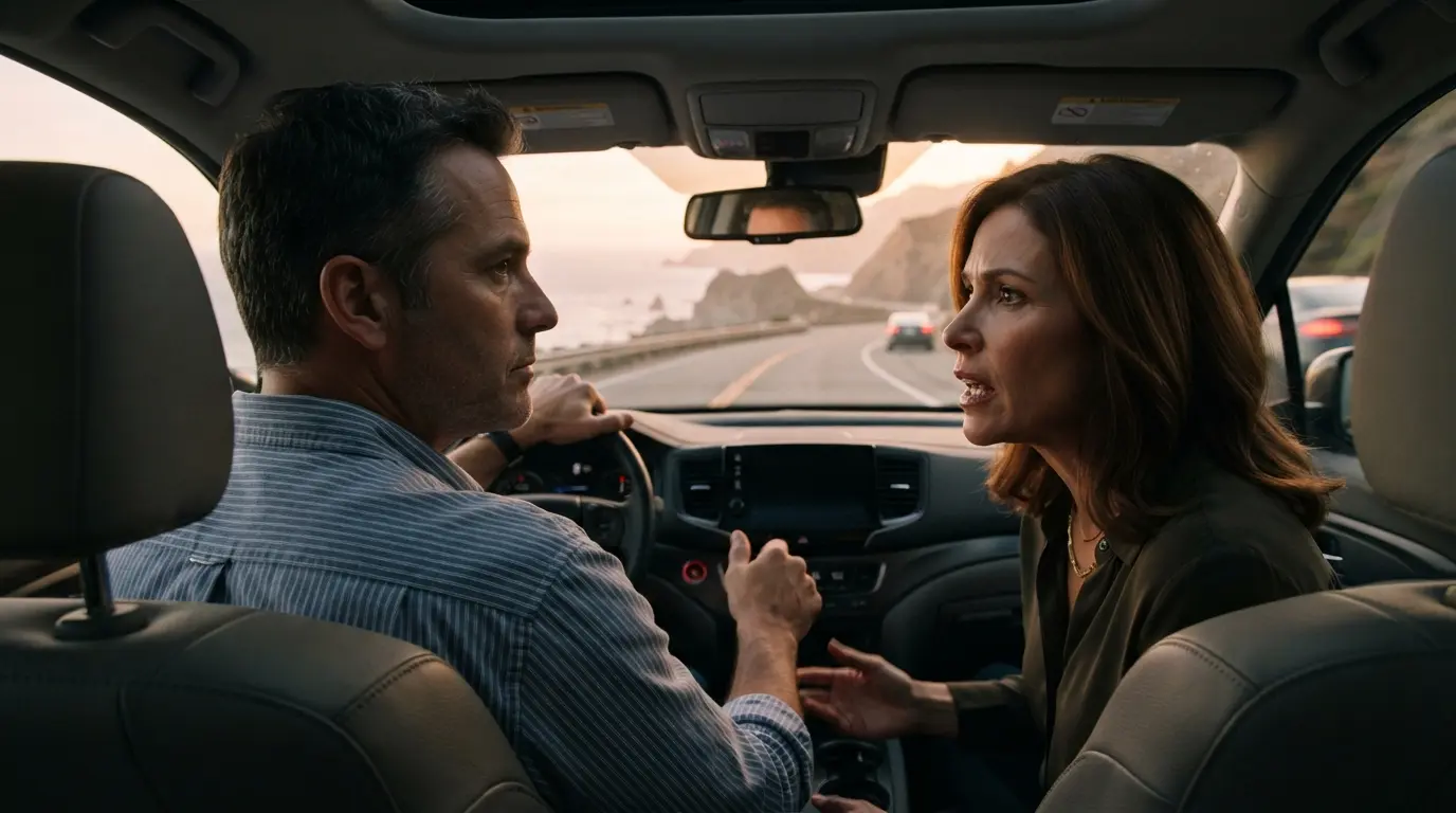 Cinematic view from the backseat of a husband driving while his wife speaks assertively to him