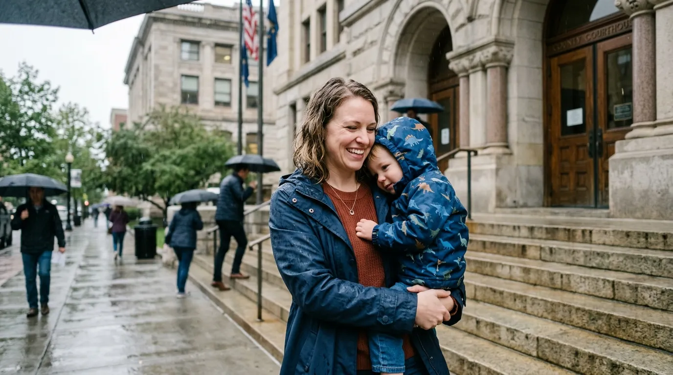A mother holding her toddler outside a courthouse in the rain.
