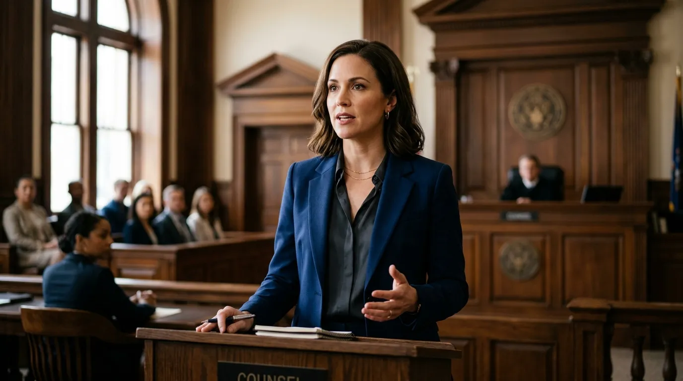 A confident woman wearing a navy blue blazer standing in a courtroom