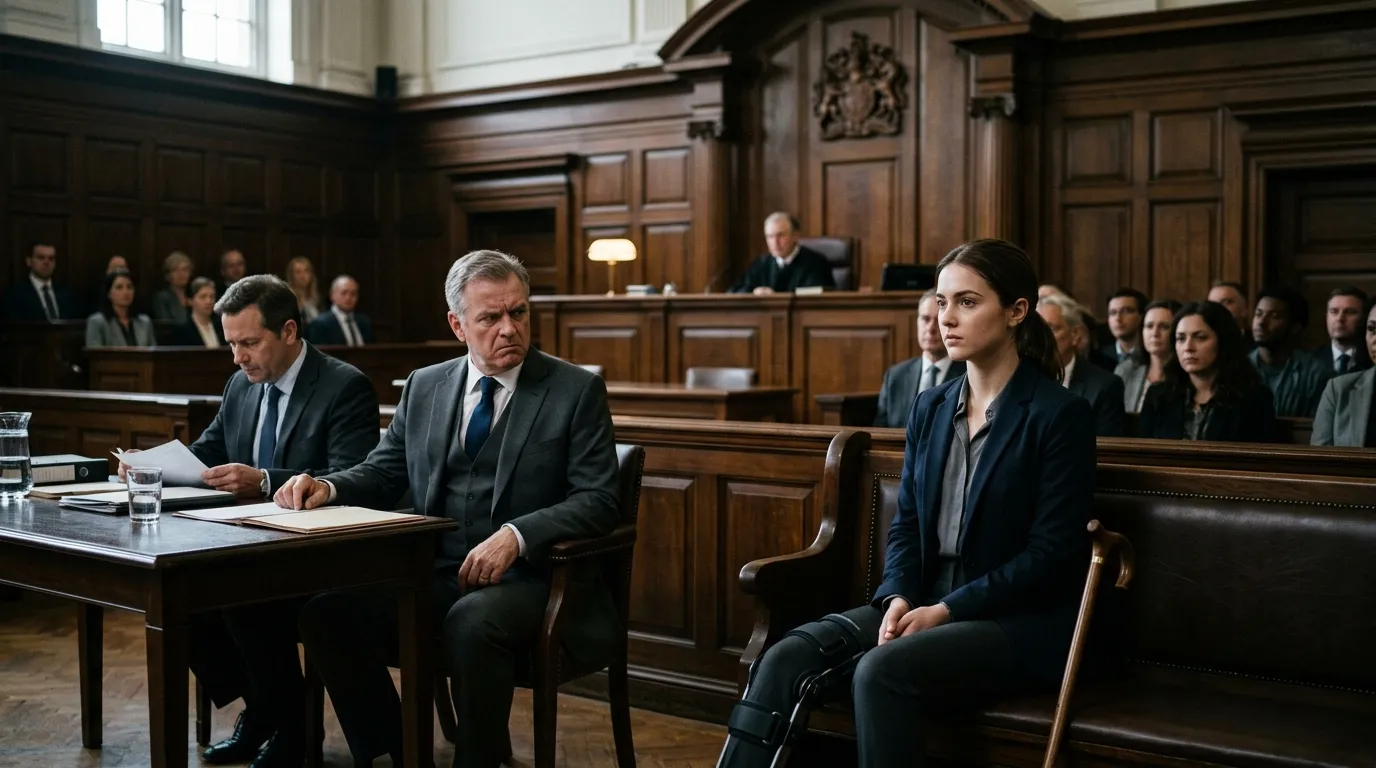 Young woman with a cane sitting in a courtroom while an older man sits at the defense table