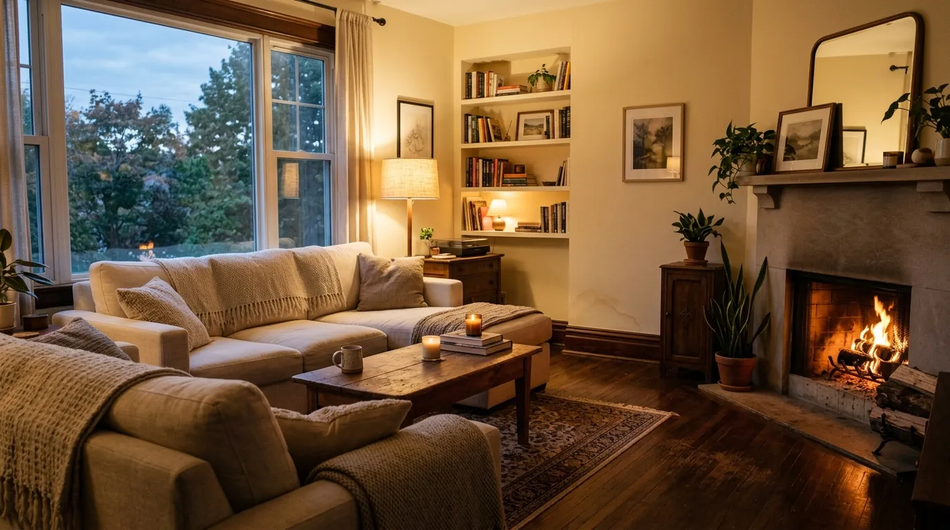 A cozy living room with a barely noticeable water stain on the baseboard