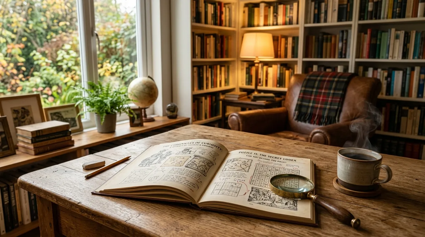 A cozy study desk with a magnifying glass and puzzle book ready for brain teasers
