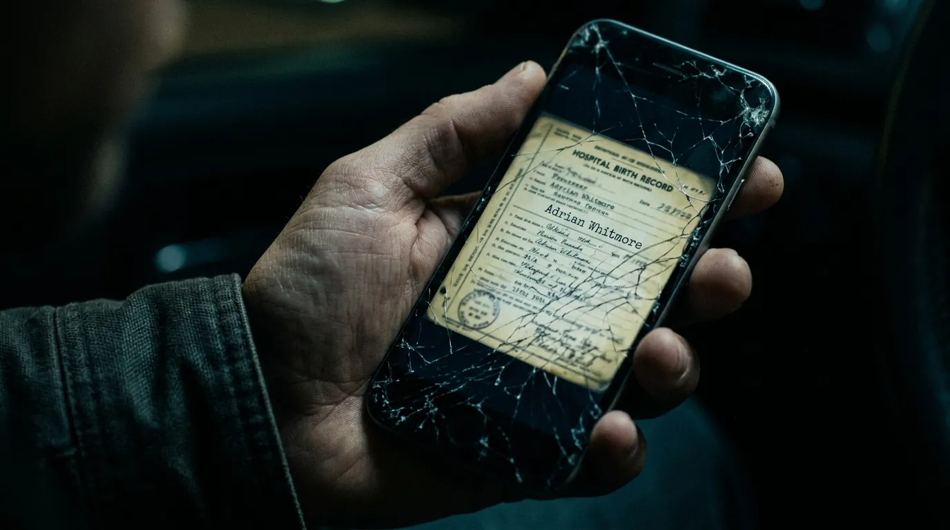 A cracked smartphone screen displaying a blurry, mysterious medical record.