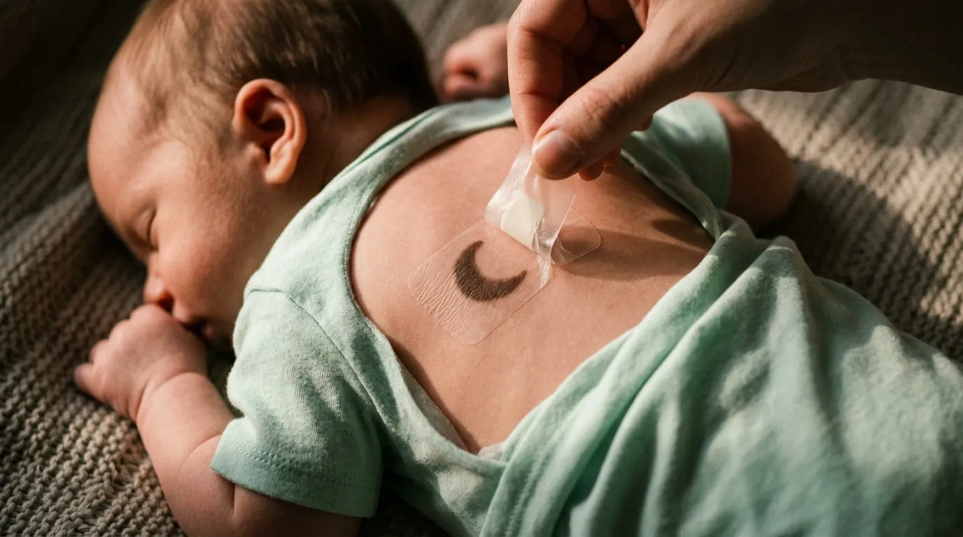 A waterproof bandage peeled back to reveal a crescent-shaped birthmark on a baby's skin