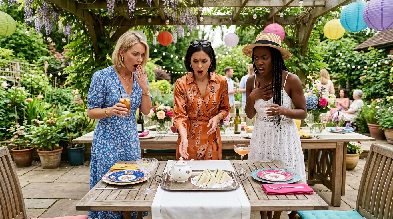 Three stylish women looking shocked at a single tray of plain cucumber sandwiches on a beautifully decorated table.